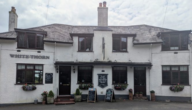 Exterior view of a traditional white pub with hanging flower baskets and a cloudy sky.