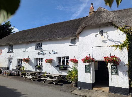 Thatched-roof pub with flower baskets and outdoor seating in a rural setting.